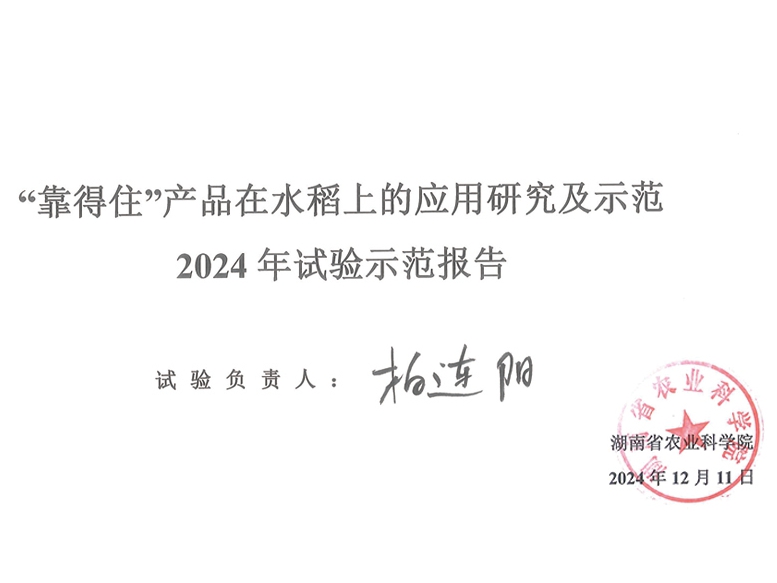 湖南省农业科学院出具：“靠得住”产品在水稻上的应用研究及示范-2024 年试验示范报告